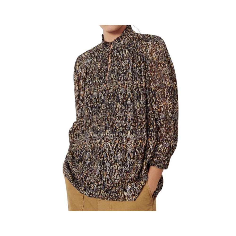 ba&sh Top Womens‎ Small Balloon Sleeve Gallas Print Tie Neck Luxury Metallic